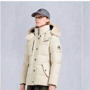 Moose Knuckles Beige Puffer Jacket with Fur Hood